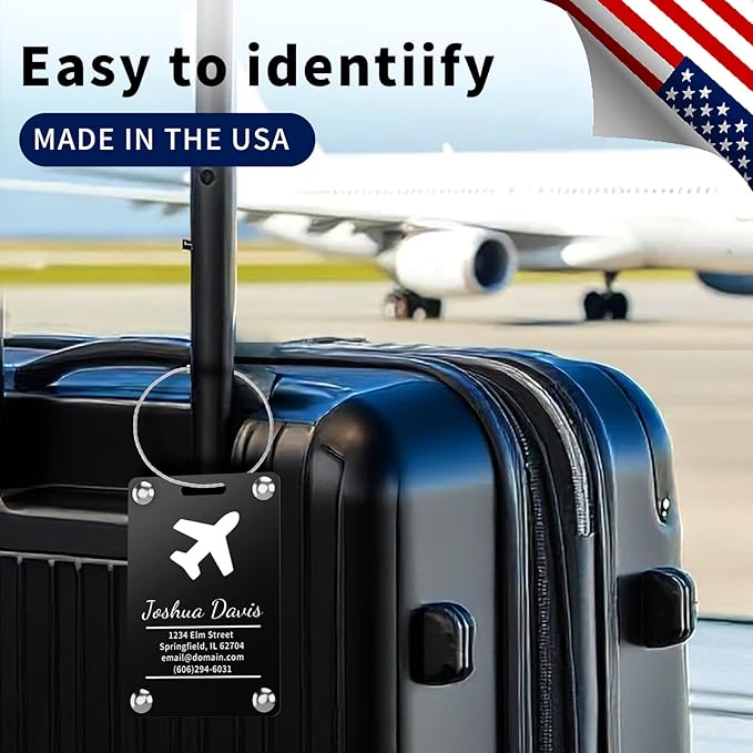 4 Pack Personalized Luggage Tags for Suitcases, Handmade Engraved Stainless Steel Custom Luggage Tags for Cruise Travel with Stainless Loop, Suitcase Identifier Metal Name Baggage Tag