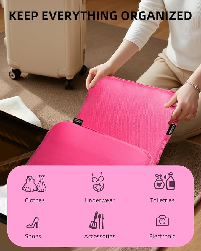 6 Set Compression Packing Cubes for Travel, Large Medium Small Luggage Organizers, Storage Bags for Clothes (6 Pack, Rose Red)