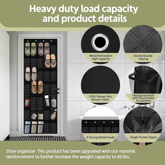 35 Pocket Over the Door Shoe Organizer,Reusable Breathable Large Mesh Bag Men's & Women's Sneaker Organizer,Shoe Organizer for Kids,Hanging Shoe Storage Hanging Bag (Black)