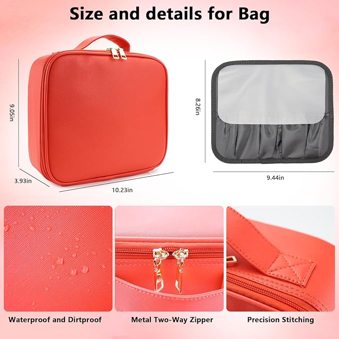 Travel Makeup Bag with LED Mirror Travel Makeup Organizer with 3 Lighted Settings, Adjustable Dividers and Makeup Brush Storage Bag Red