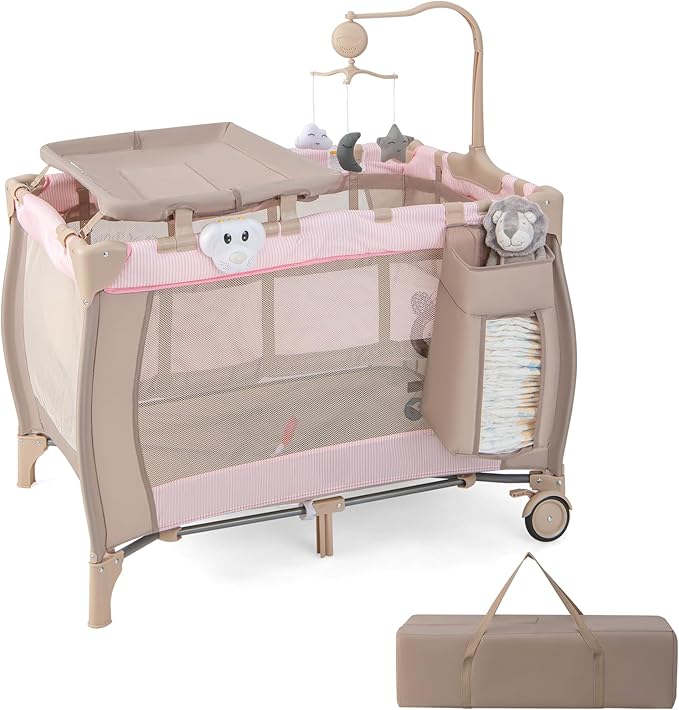 HONEY JOY Pack and Play, 3 in 1 Portable Baby Playard with Bassinet, Changing Table, Lockable Wheels, Music Box, Foldable Travel Baby Crib Nursery Center from Newborn to Toddler (Coffee Pink)