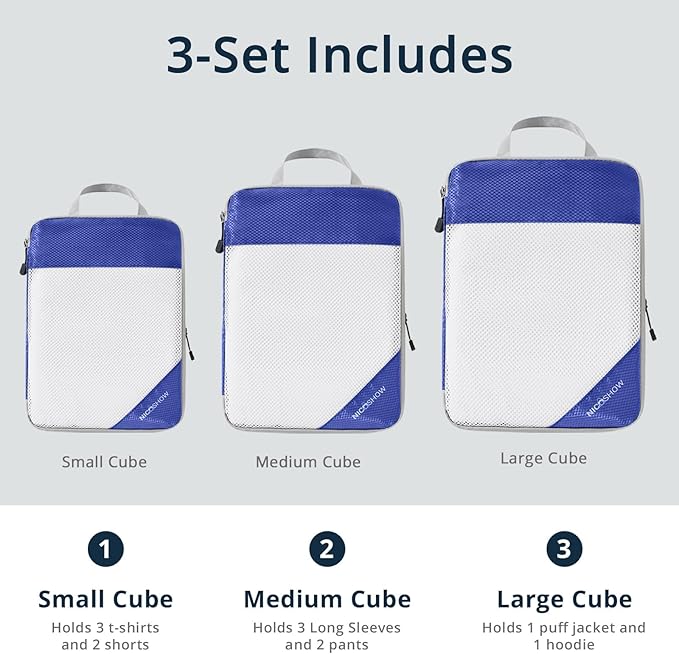 Compression Packing Cubes 3 Set, Compressible Space-Saving Packing Cubes for Travel - Compression Bags, Luggage Organizer, Travel Essentials for Women, Royal Blue