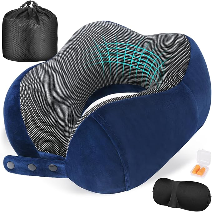 Neck Pillow for Traveling, Travel Pillows for Airplanes,100% Pure Memory Foam Travel Neck Pillow, Adjustable Flight Pillow, Portable Plane Accessories with Eye Mask, Earplugs, Carry Bag