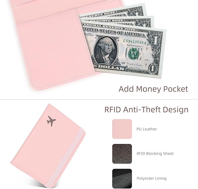 Passport Holder for Travel, Rfid Passport Cover Case, Passport Wallet Women Travel Essentials Accessories Document Organizer with Elastic Band, Pink