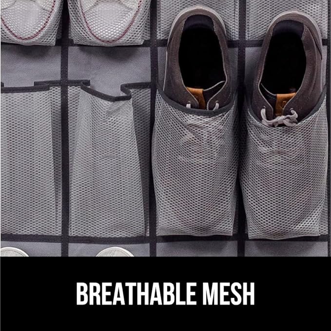 GORILLA GRIP Over the Door Shoe Organizer, 35 Large Breathable Mesh Pockets, Space Saving Hanging Storage Holder, 5 Hook Closet Rack Hanger, Hangs on Closets for Shoes, Accessories 68.5H x 24.5W Gray