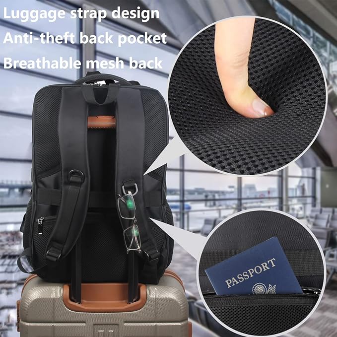 Laptop Backpack Fits 17 Inch Computer, Bussiness Travel Backpack with USB Charging Port and Anti Theft Pocket, Black