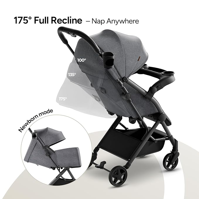 Mompush Lithe V2 Lightweight Travel Stroller, Compact Foldable Baby Stroller with Travel Bag, One-Hand Fold Stroller, Snack Tray, Mechanical Recline Seat, Airplane-Ready, UPF 50+ Canopy & Rain Cover
