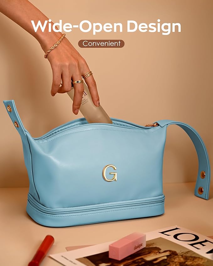 Trendy Gifts for Women, Personalized Makeup Bag with Handle, Initial Double Layer Cosmetic Bag with Makeup Brush Organizer, Customized Gifts for Woman, Gifts for 20 Year Old Female