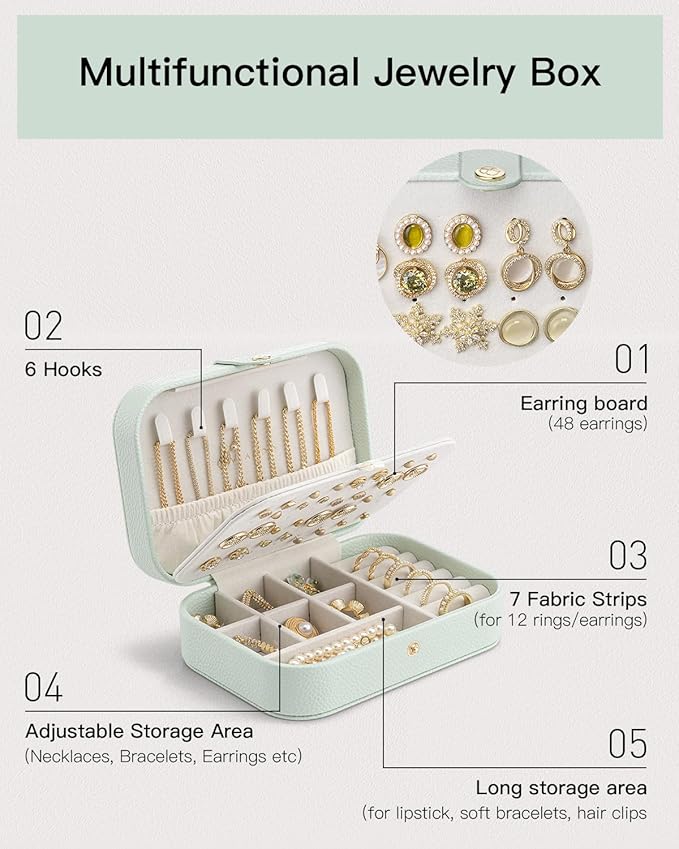 Vlando Travel Jewelry Case for Women Girls Mothers, PU Leather Portable Small Jewelry Box for Rings, Necklaces, Bracelets, Earring Holder Organizer Storage for Travel, Bridesmaid Gifts - Mint Green