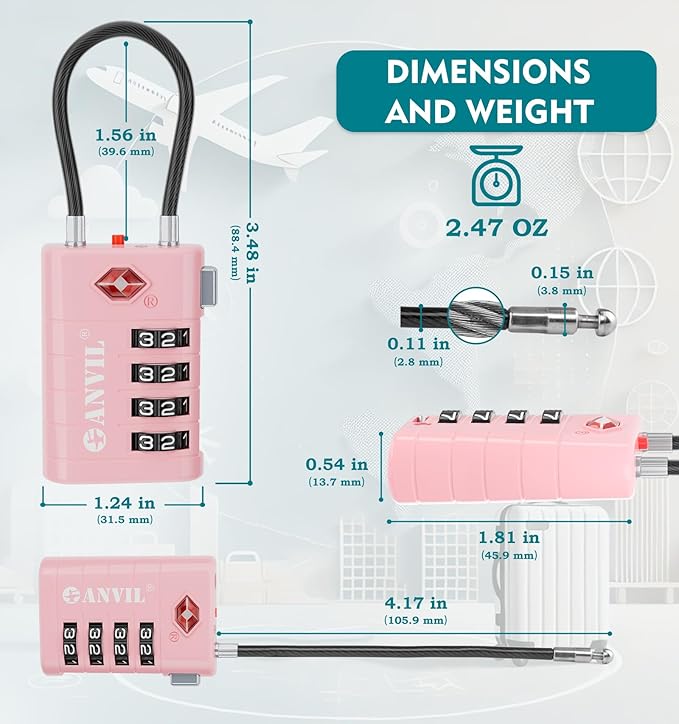 ANVIL 4 Digit Luggage Locks, TSA Locks for Luggage, Advanced TSA008 core, Alert Indicator for Your Travel Lock, Suitcase Lock.(4, Pink)