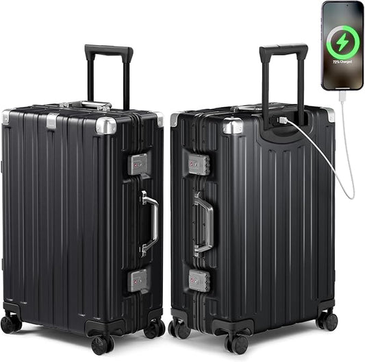 Krute Checked Aluminum Frame Suitcase 24 Inch Zipperless Luggages Hardside PC Luggage With Spinner Wheels TSA Lock USB Charger Suitcases(1 Piece)