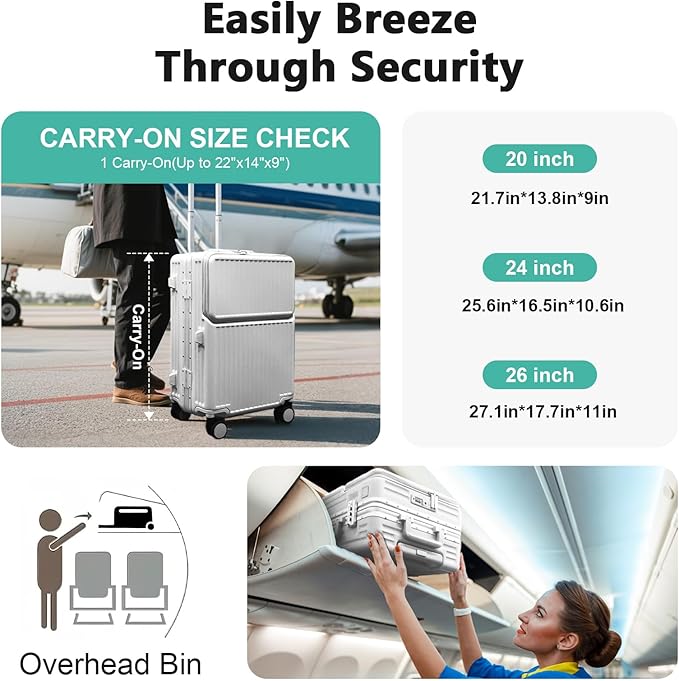 Hard Shell Luggage 20 Inch Travel Suitcase, 22x14x9 Airline Approved with TSA Lock, ABS Aluminum Frame, Lightweight Travel Luggage 20'' 24'' 26'' Carry-on Luggage (Upgraded Silver, 20 Inch)