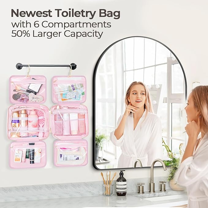Hanging Travel Toiletry Bag for Women Detachable Toiletry Bag with 6 Compartments Large Makeup Bag Cosmetic Organizer for Bathroom Shower Business Trips Camping, Pink