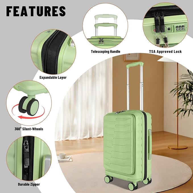 22×14×9 Airline Approved Carry On Luggage with Front Open Pocket, Spinner Wheels, ABS+PC Hardshell Small 20inch Suitcase with Protective Cover and Luggage Tag, Avocado Green