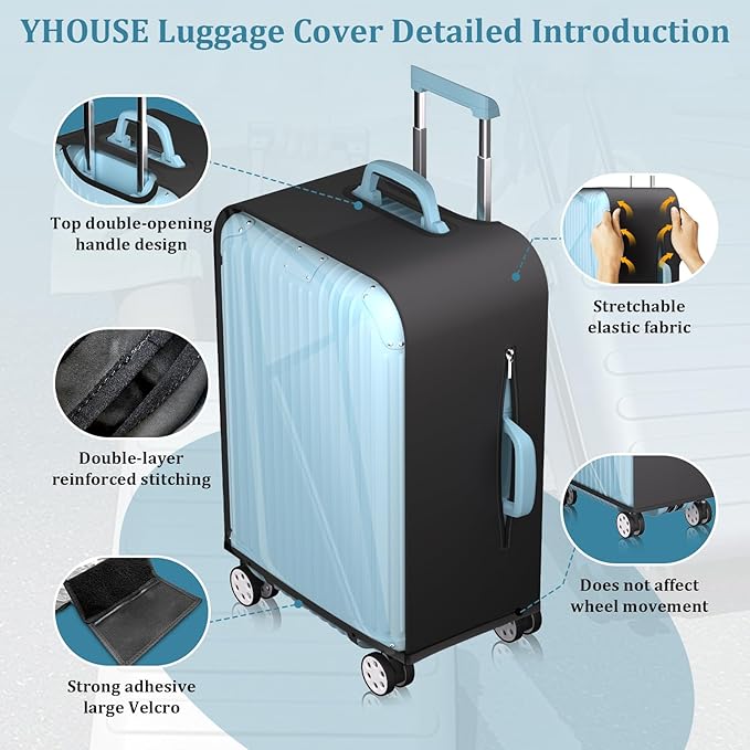 Upgraded Elastic Suitcase Covers for Luggage - Stretchable Black Cloth + Clear TPU, Fit 22 Inch Travel Suitcase, Waterproof & Anti-Scratch, Includes Free Red Luggage Tag
