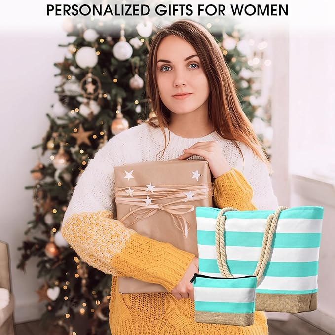 Becokan Beach Bag Initial Beach Tote with Makeup Bag for Travel Work Storage Personalized Birthday Gifts for Women Her