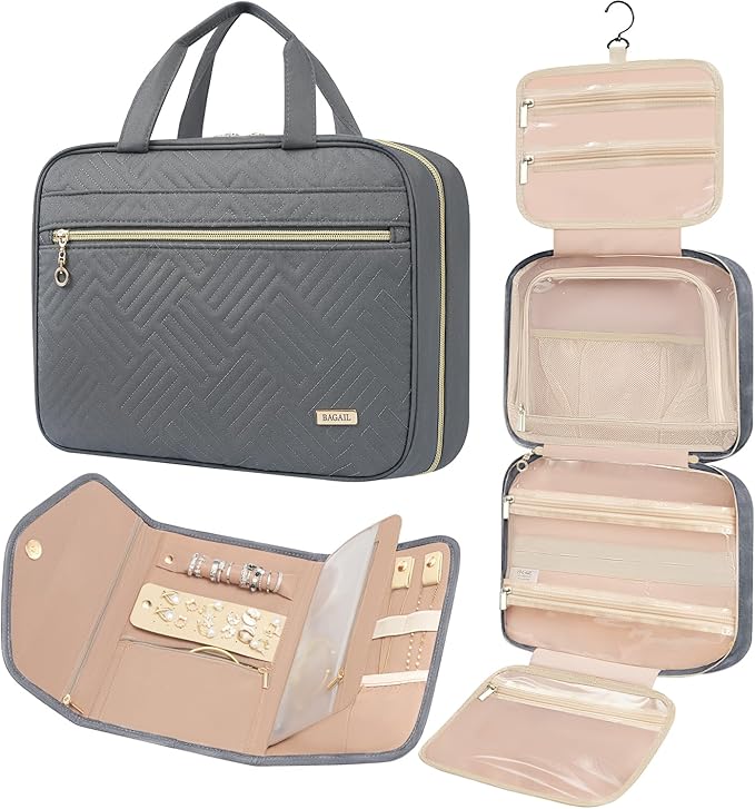 BAGAIL Hanging Toiletry Bag for Women Water-resistant Cosmetic Bag Large Capacity Travel Makeup Organizer for Full-Sized Travel Essentials(Classic+Jewelry Bag, Grey)