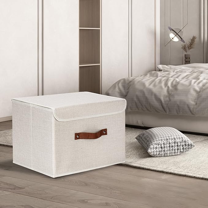 TYEERS Collapsible Storage Boxes, Washable Fabric Storage Bins with Lids, 14.9x9.8x9.8 inches, 2 Pack, Beige
