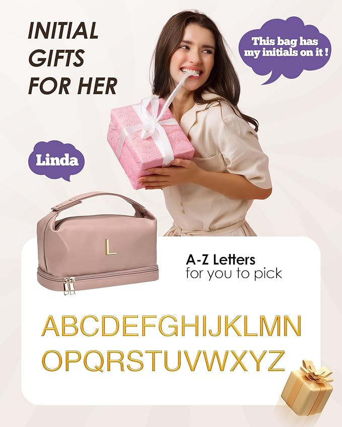 Makeup Bags Personalized Bags with Handle, Waterproof Double Layer Cosmetic Bag, Large Capacity PU Leather Makeup Bags Letter Travel Toiletry Bag with Makeup Brush Organizer
