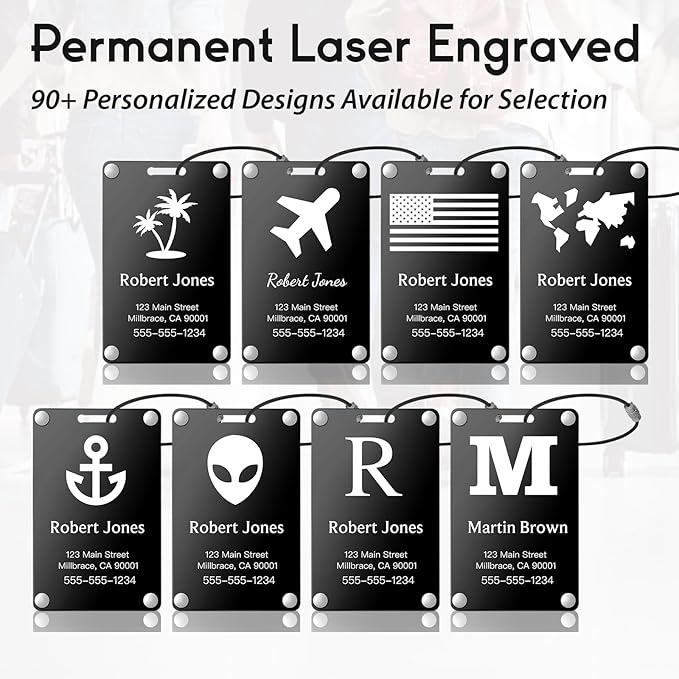 Personalized Luggage Tags: Custom Metal Luggage Tags for Suitcases, Backpacks and Bags with Your Personalized Text (Black)