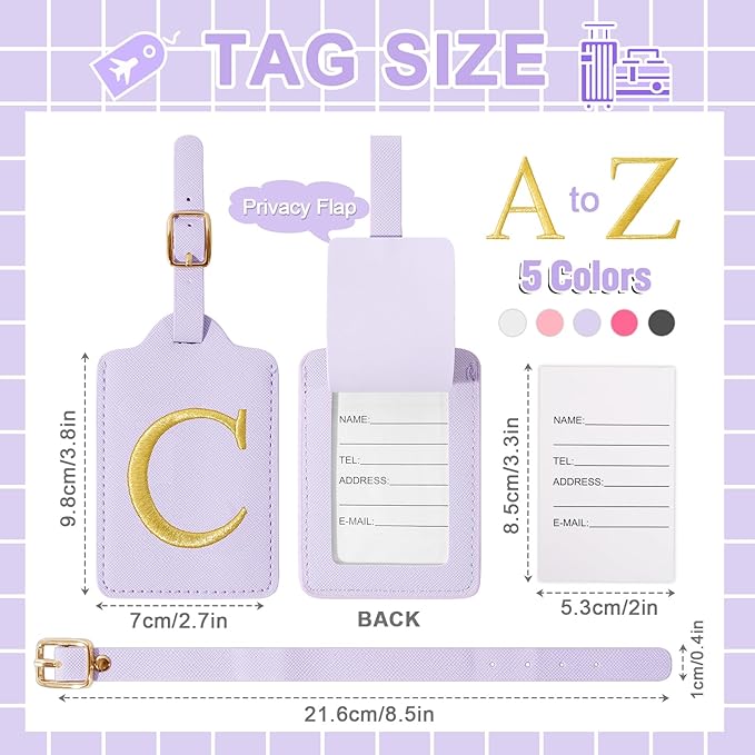 Personalized Initial Luggage Tags for Suitcase, Purple Leather Cute Luggage Tags with Privacy Cover Name Card, Embroidered Custom Monogrammed Luggage Tag Travel Backpack Tags Gifts for Women Kids(C)