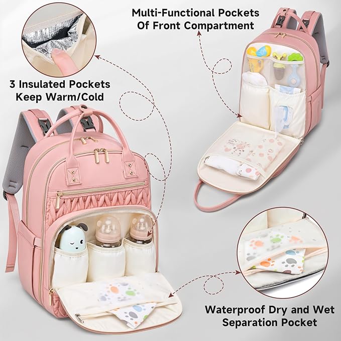 Diaper Bag Backpack,Stylish Baby Diaper Bag,Waterproof Travel Diaper Backpacks Baby Bags with Changing Pad,Stroller Straps,Insulated Pockets (Pink)