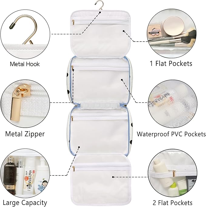 Hanging Travel Toiletry Bag,Large Capacity Cosmetic Travel Toiletry Organizer for Women with 4 Compartments & 1 Sturdy Hook,Perfect for Travel/Daily Use/Christmas