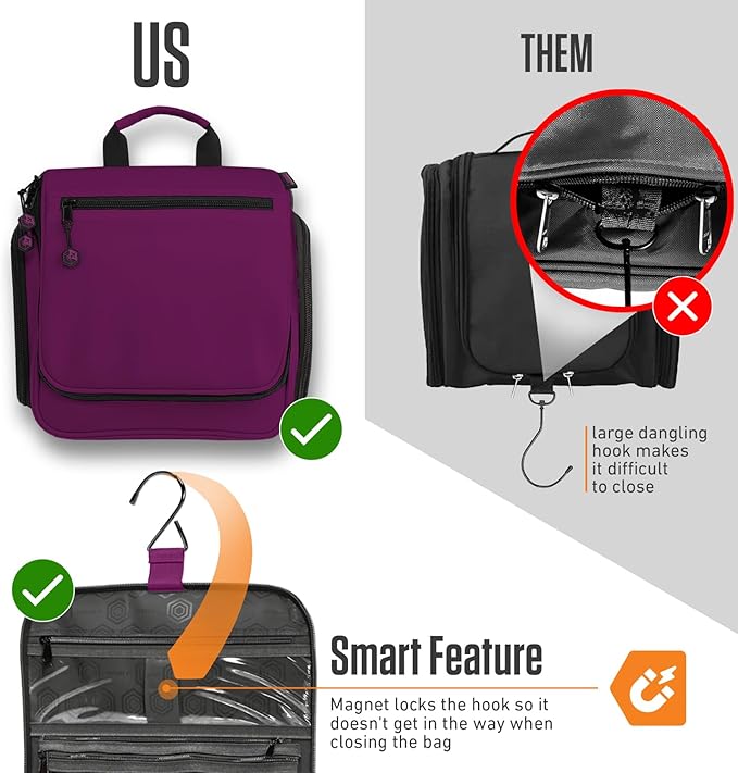 VENTURE 4TH Hanging Travel Toiletry Bag for Women & Men - Travel Organizer with Expandable Compartments & Removable Clear Pouch for Toiletries (Purple)