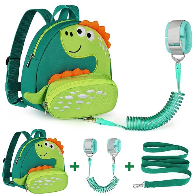 Accmor Toddler Harness Backpack Leash, Cute Dinosaur Backpacks with Anti Lost Wrist Link, Cute Mini Child Backpack Wristband Tether Strap and Protection Leashes for Boys Girls Aged 1-3 Years