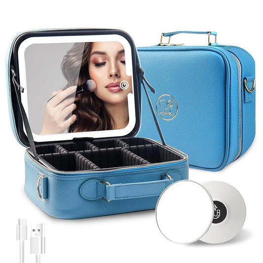 MOMIRA Travel Makeup Bag Cosmetic Bag with Lighted Mirror, Adjustable Brightness in 3 Color Scenarios/Detachable makeup mirror, All-round Upgrade, Waterproof, Gift for Women -Azure Blue