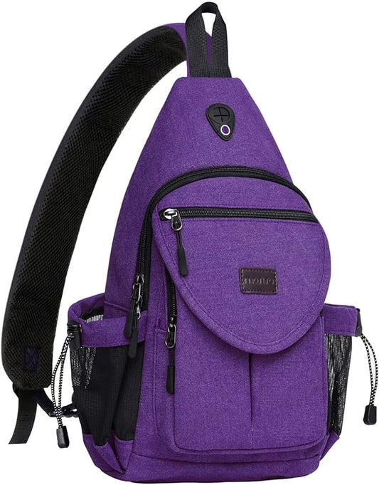 MOSISO Sling Backpack,Canvas Crossbody Hiking Daypack Bag with Anti-theft Pocket, Purple