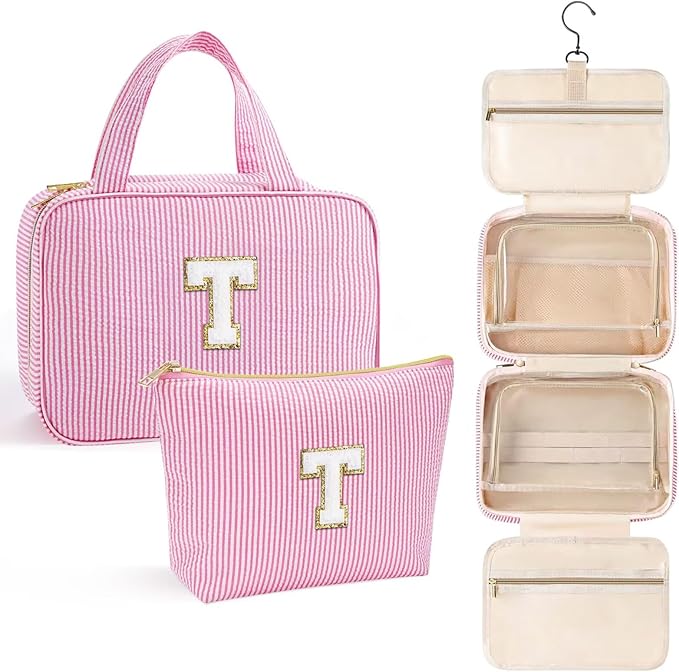 YOOLIFE Hanging Toiletry Bag for Women - Travel Toiletry Bag Makeup Bag, Portable Toiletries Cosmetic Bag, Airplane Travel Essentials - Letter T, Pink
