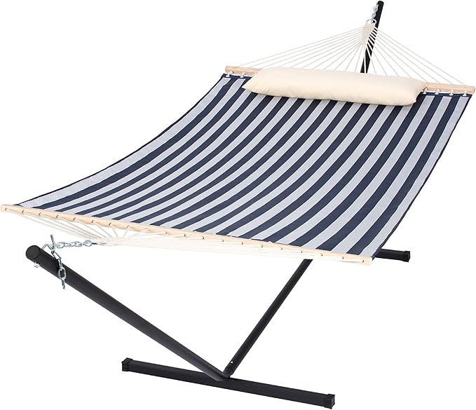 SUNCREAT Double Hammock with Stand Included, Outdoor Portable Hammock with Stand, Blue