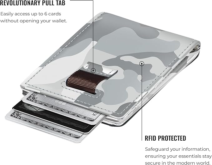 Kings Loot Money Clip Slim Minimalist Wallet for Men | RFID Blocking Leather Design with Money Clip | Front Pocket Bifold Holds 12 Cards | Stylish & Compact Wallets (Camo White)