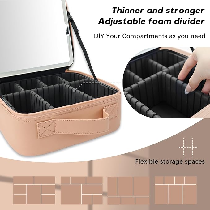 Makeup Bag with Led Mirror,Travel Makeup Organizer with 3 Color Setting, Portable Storage and Adjustable Dividers Travel Makeup Bag(khaki)