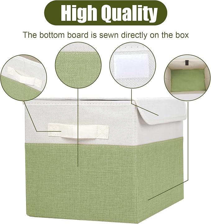 Large 22 Quart Linen Fabric Foldable Storage Bin Cube Organizer Basket with Flip-Top Lid & Handles, Clothes Blanket Box for Home, Office, Closet, Green & White, 4 Pack 14.6 x 9.5 x 9.5