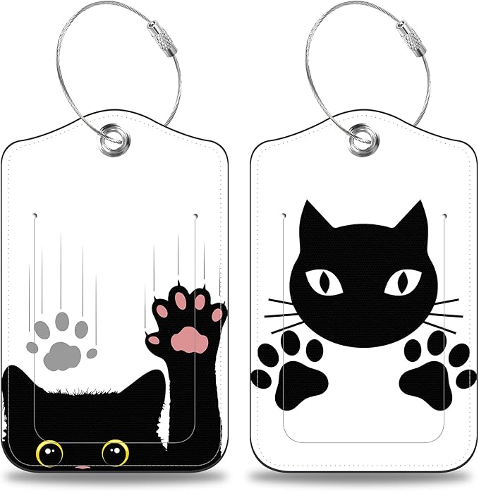 2 Pcs Cute Black Cat Luggage Tags for Suitcases PU Leather Paw Baggage Tags Name ID Label with Privacy Cover and Stainless Steel Loop for Men Women Travel Bag Suitcase