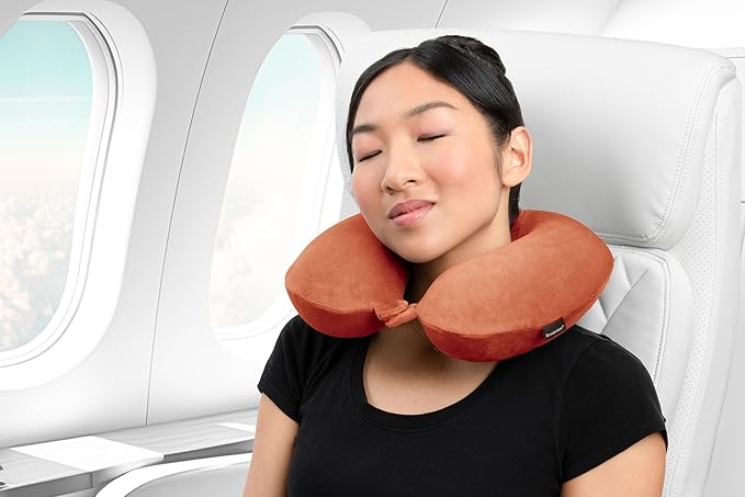 Brookstone Travel Neck Pillow - Lightweight Fleece Casing U-Shaped Stuffable Memory Foam Travel Pillow for Sleeping and Neck Support, Terra Cotta