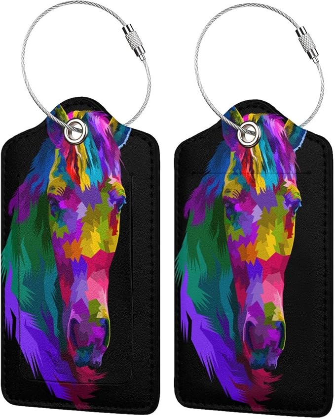 Colorful Rainbow Horse Luggage Tag with Full Back Privacy Name ID Card Suitcase Labels Identifiers PU Leather Baggage Tags Luggage for Women Men Kids Girls Travel