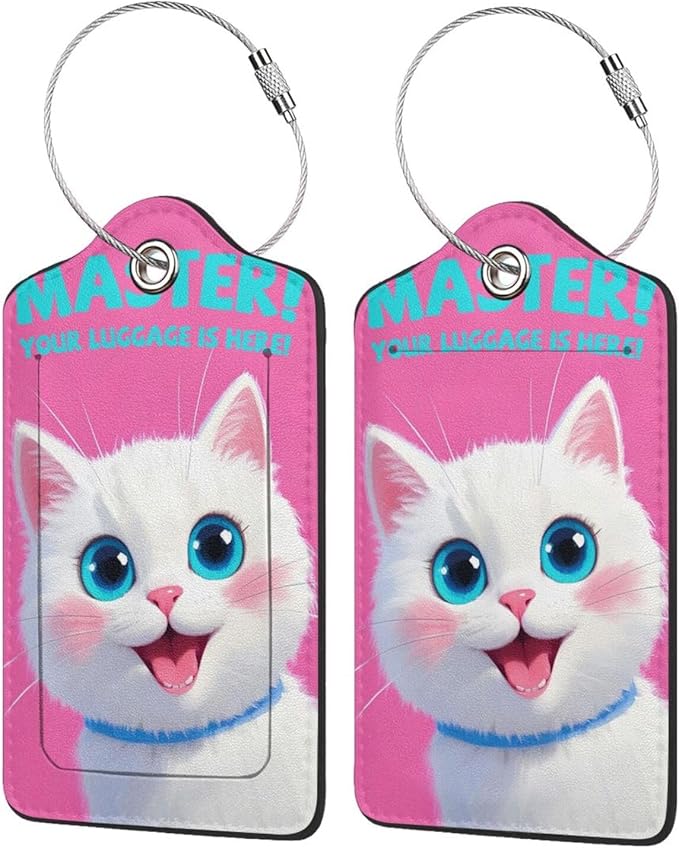 Fun Luggage Tags for Suitcases Leather Name Tag for Luggage Cute Travel Baggage Tags for Carnival Cruise Ships with Funny Patter 2pcs (Pink Cat)