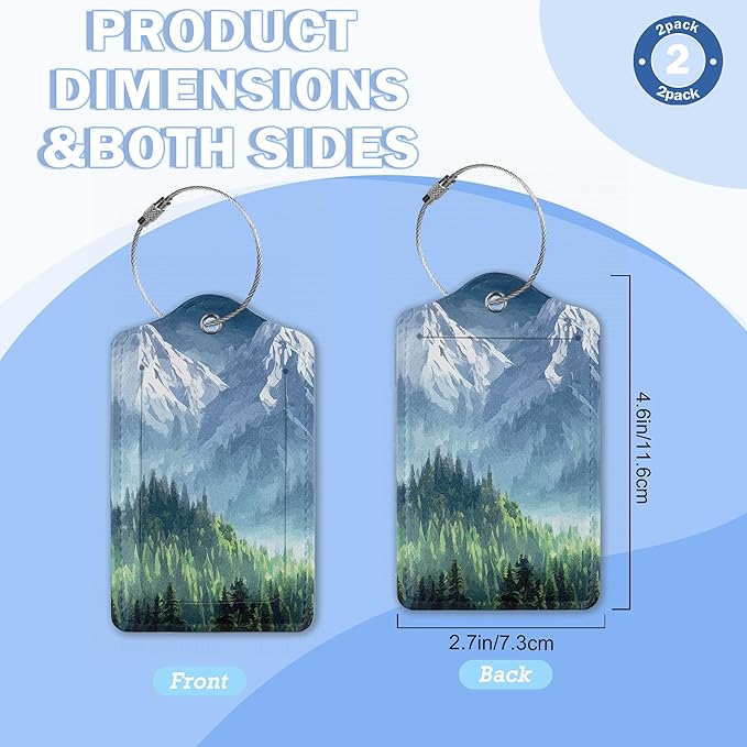 Luggage Tags for Suitcase,2 Pack Misty Forest Mountains Luggage Tag with Privacy Flap,Name ID Label and Metal Loop for Women Men Teens Travel