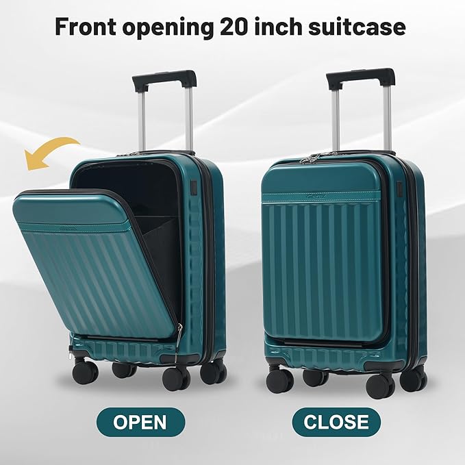 Merax Luggage Sets Front Opening, 2 Piece Hardshell Suitcase with Spinner Wheels and Bags,Lightweight Carry on Luggage with USB Port,20+24,Dark Green