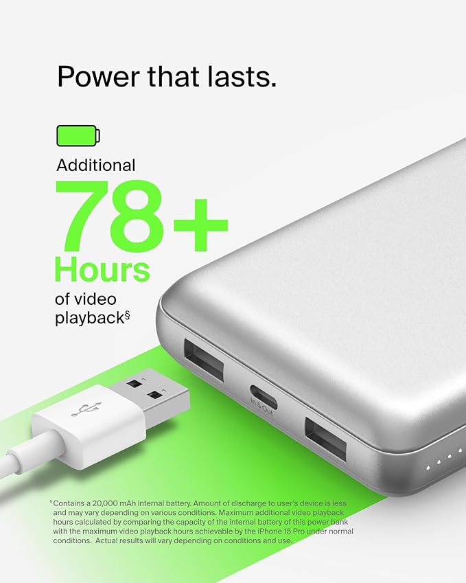 Belkin Portable Charger, USB-C Power Bank 20000 mAh w/ 1xUSB-C Port & 2xUSB-A Ports, 15W w/Type-C to Type-A Cable for iPhone 16, Samsung Galaxy S25, Nintendo Switch 2, Google Pixel 10, etc. - Silver