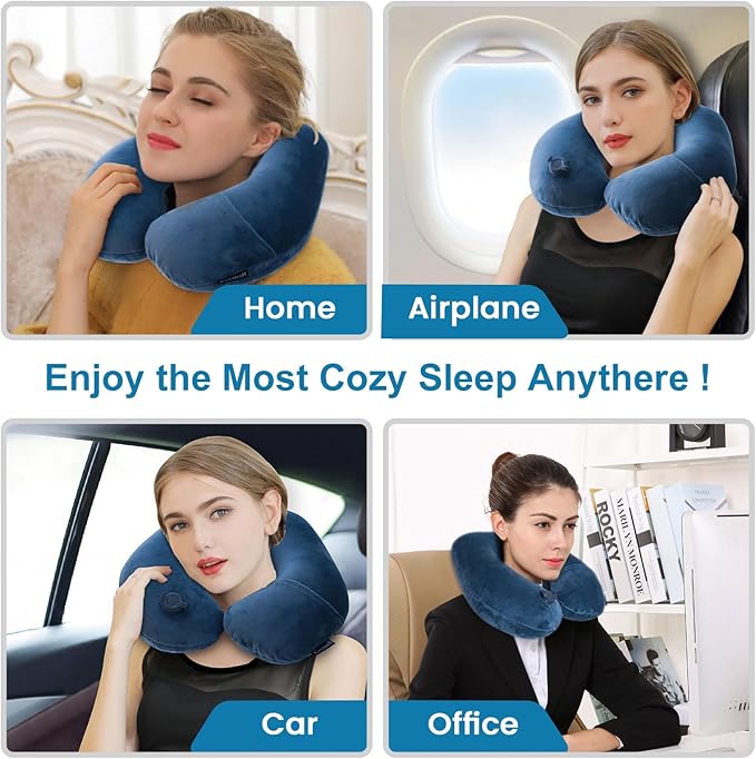 Travel Neck Pillow for Airplane, Compact Inflatable Neck Pillow for Traveling Long Flights, Adjust Firmness Neck Suport Pillow for Sleeping Plane Head Rest for Travel Accessories,Deep Blue