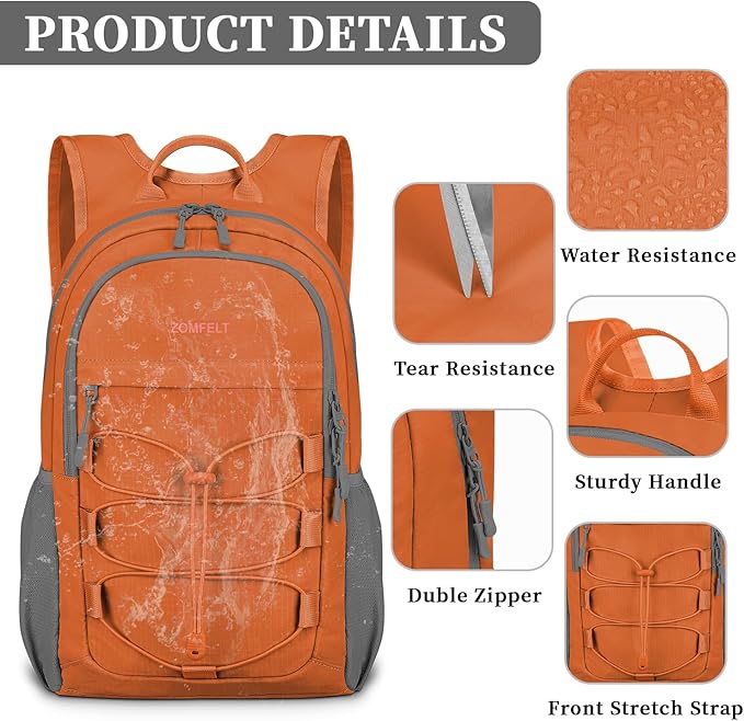 ZOMFELT Hiking Backpack for Women Men, 15L Lightweight Packable Backpacks for Trip, Water Resistant Small Travel Backpack, Foldable daypack for Hiking, Walking, Cycling, Camping, Orange