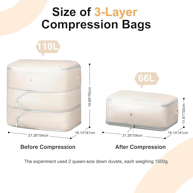 DIMJ Comforter Storage Bag - Large Capacity Ultra Space Saving Self Compression Organize for Duvet, Pillow, Bedding, Blanket Storage Organizer Nylon Compression Bags, Beige, 4 Pack