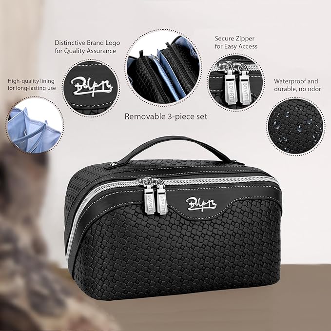 BOYATU Travel Makeup Bags for Women: 3-Set Large Capacity Make up Bags with Compartments - PU Leather Cosmetic Bag for Traveling (L15 Black)