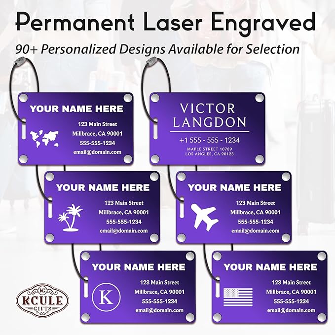 Personalized Luggage Tags: Custom Metal Luggage Tags for Suitcases, Backpacks and Bags with Your Personalized Text (Purple)