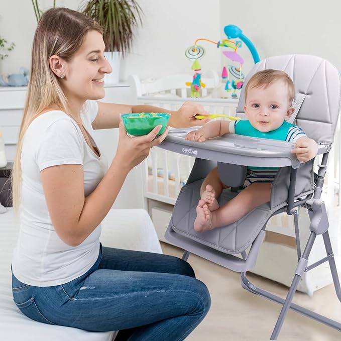 Foldable Baby High Chair with Easy Clean Double-Layer Tray, Adjustable Foot Rest, Safety First 5 Point Harness, Compact Space Saver Baby Feeding Chair Portable for Travel
