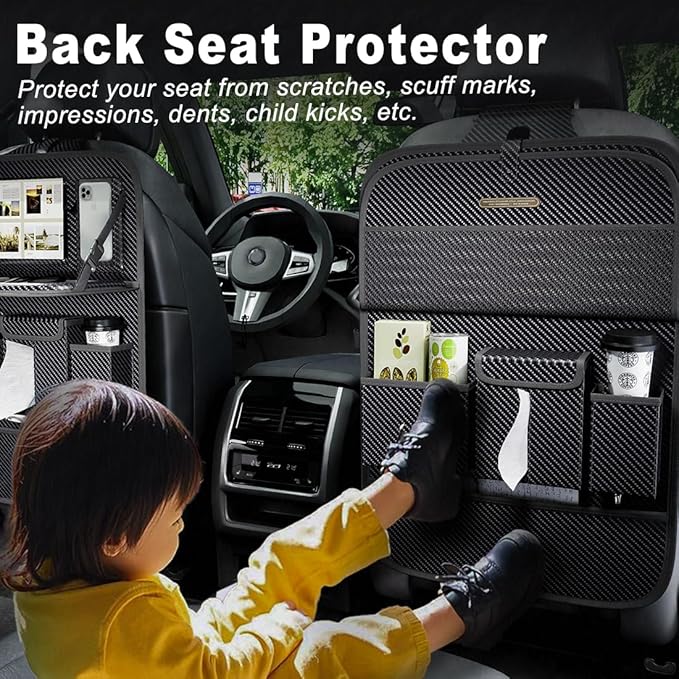 Car Seat Organizers,Multi-functional Back Seat Protectors, Storage Pouches, and Tray Holders (for Cars, Kids, Seat Back and Rear Seats) (Carbon Fiber, 1 Pcs)